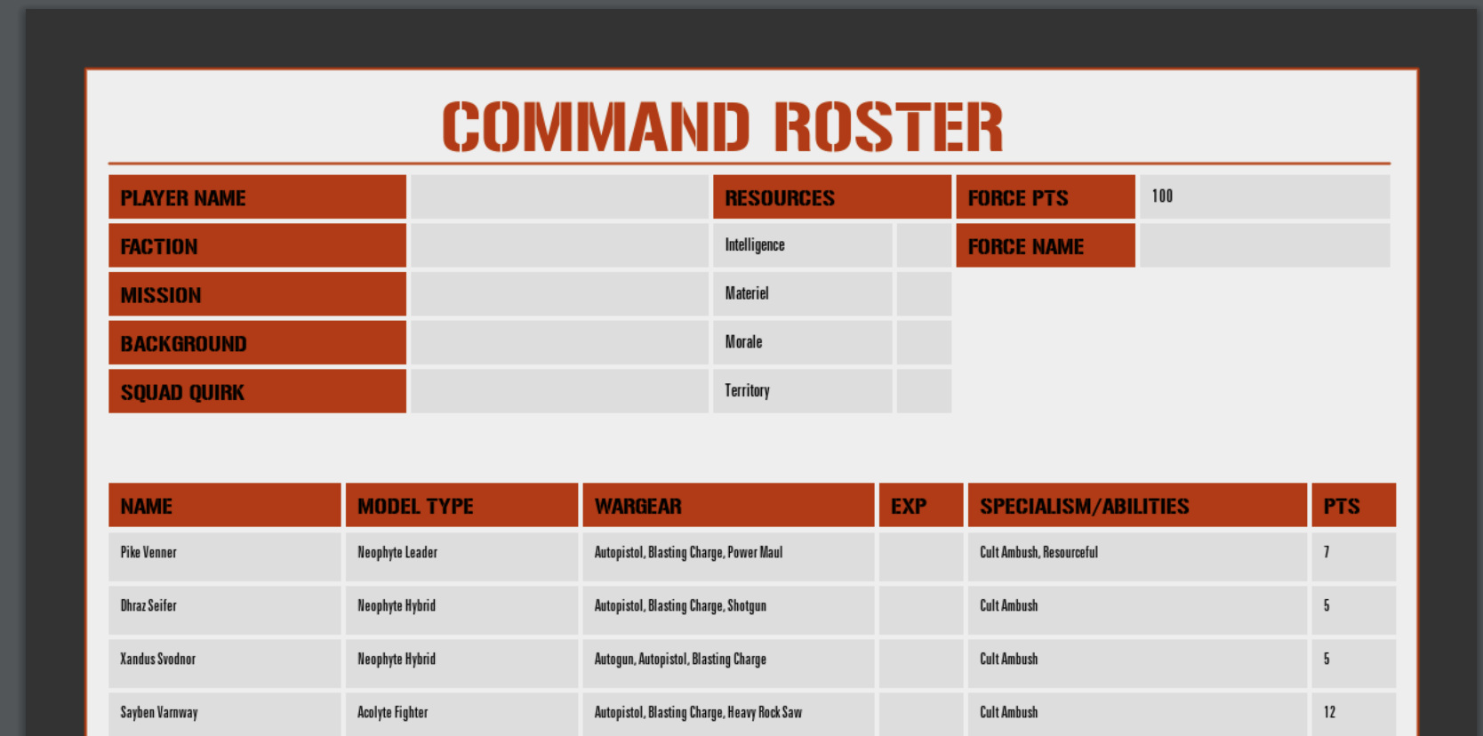 Output data card example